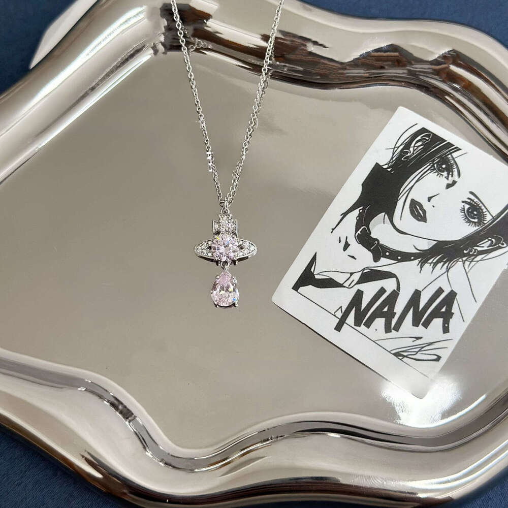 Viv Saturn west wood necklace vivienna viviann VV Empress Dowager Tears Necklace for Women, Sparkling Water Drop Diamond Saturn Pendant Thick Gold Light Luxury