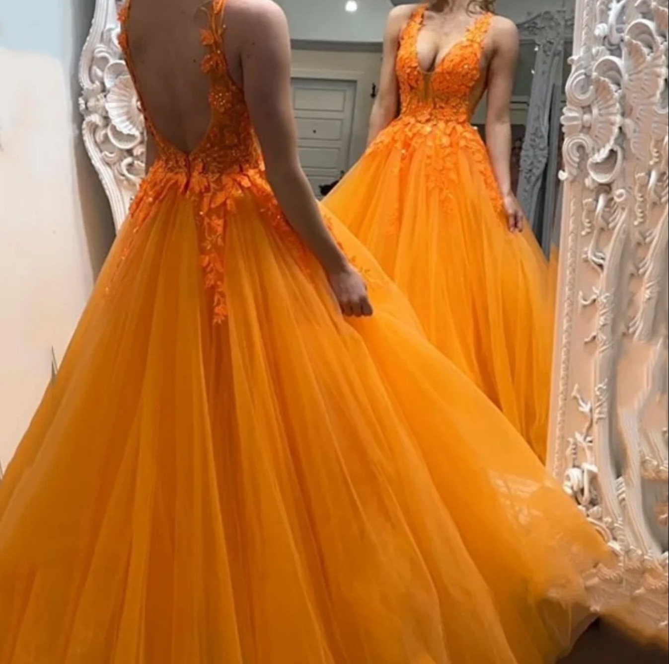 Bright Orange Deep V neck Spaghetti Straps Prom Dresses backless 3D Floral lace Embroidery Tulle Ball evening Gowns Floor-Length Customized A-line