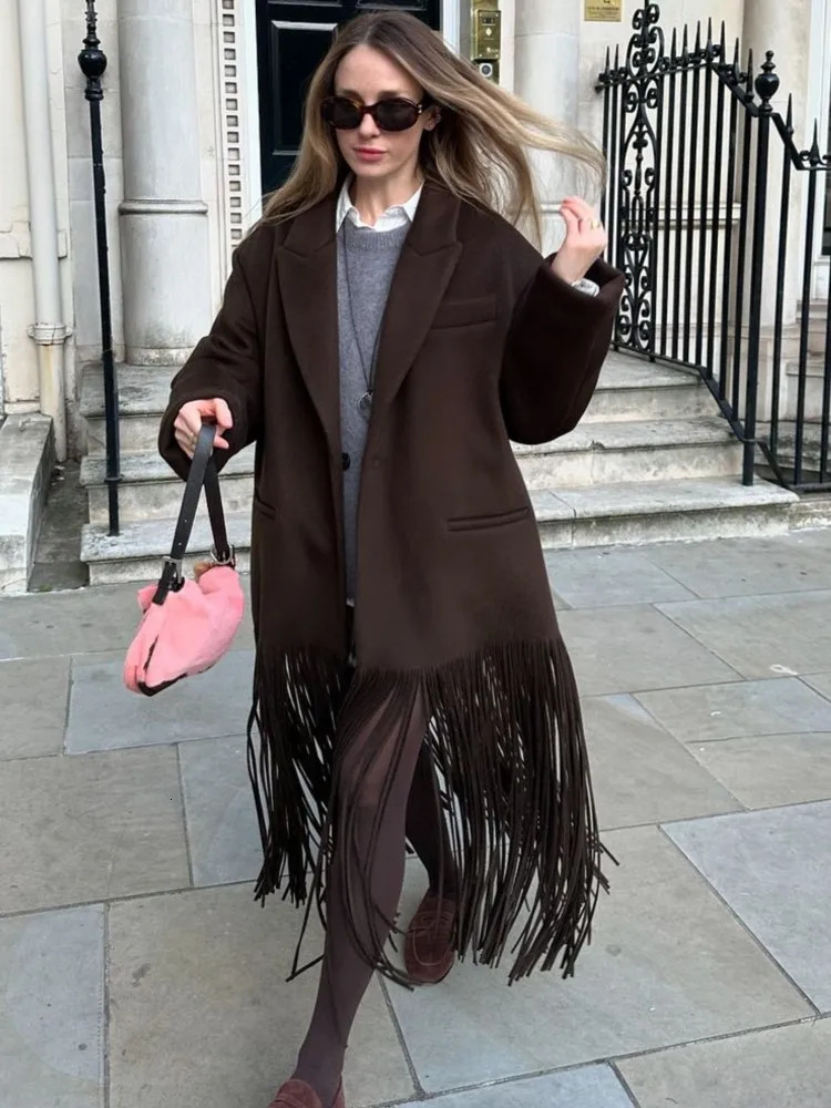 Fringed Woolen Trench Coat Suit Collar Loose Commuting MidLength Women Tassel Overcoat Street Trend Solid Color Classic Outwear 251231