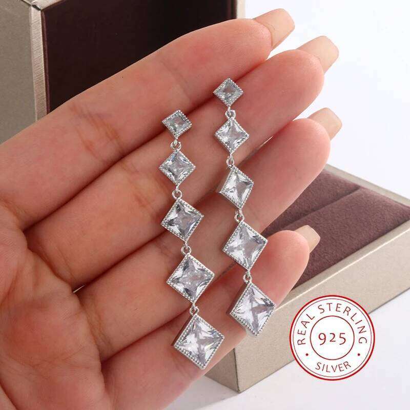 European and American Fashion Fringe Geometric Diamond Square Long Earrings, Light Luxury S925 Silver Plated Jewelry for Women
