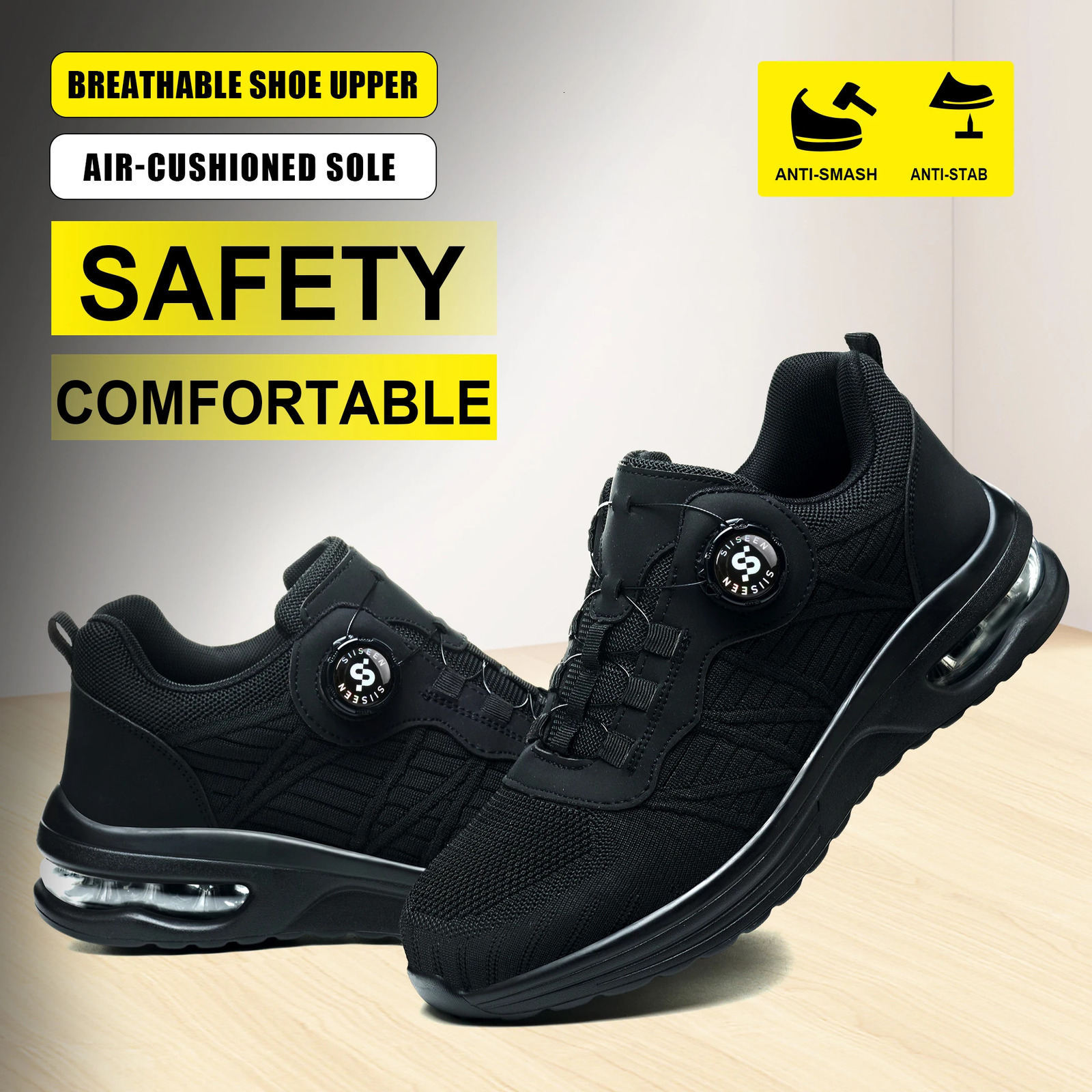 Mens Safety Shoes Steel Toe Anti- Crush Puncture Resistant Pure Black Button Air Cushion Lightweight Work Shoes 251226