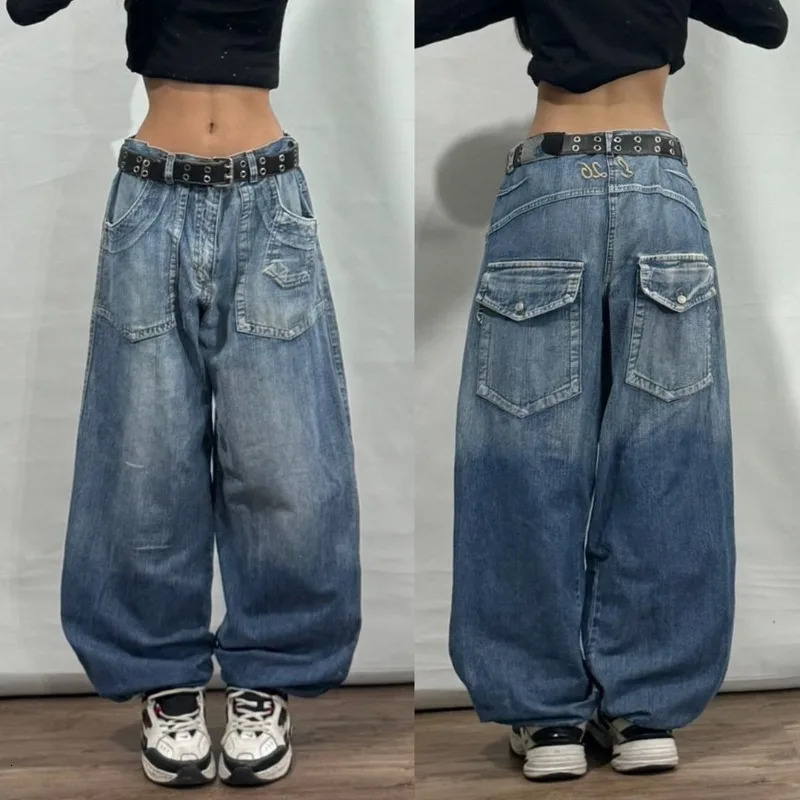 American Fashion Geometric Pattern Embroidered Baggy Jeans Women Y2K Harajuku Vintage Hip-hop Casual Wide-leg Pants 251225