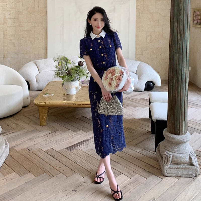 Luxurious High-end Long Dress Dark Blue Color Heavy Lace High Contrast Colors Doll Collar Beautiful Urban Sexy Fitted Women's Dress