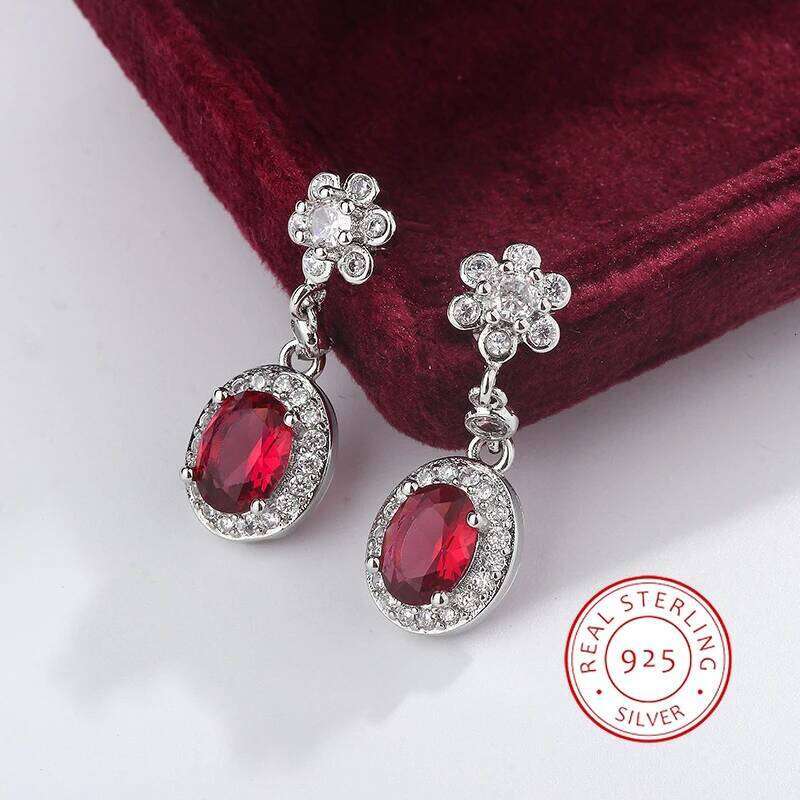 925 Stamp Fashion Temperament Water Drop Shape Red Corundum Color Treasure Earrings Women's Party Birthday Accessories Wholesale