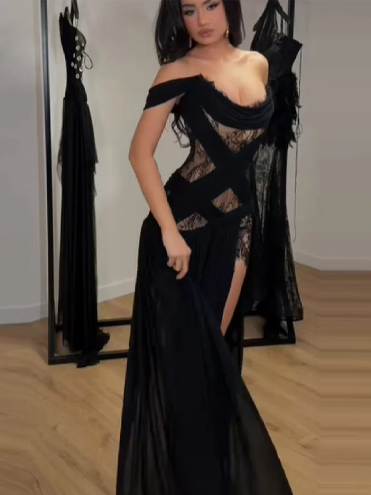 Elegant Lace Patchwork Slit Strapless Dress Sexy Off-shoulder High Waist Long Skirt Trendy Party Y2k Robe Gothic Style Gown 251230