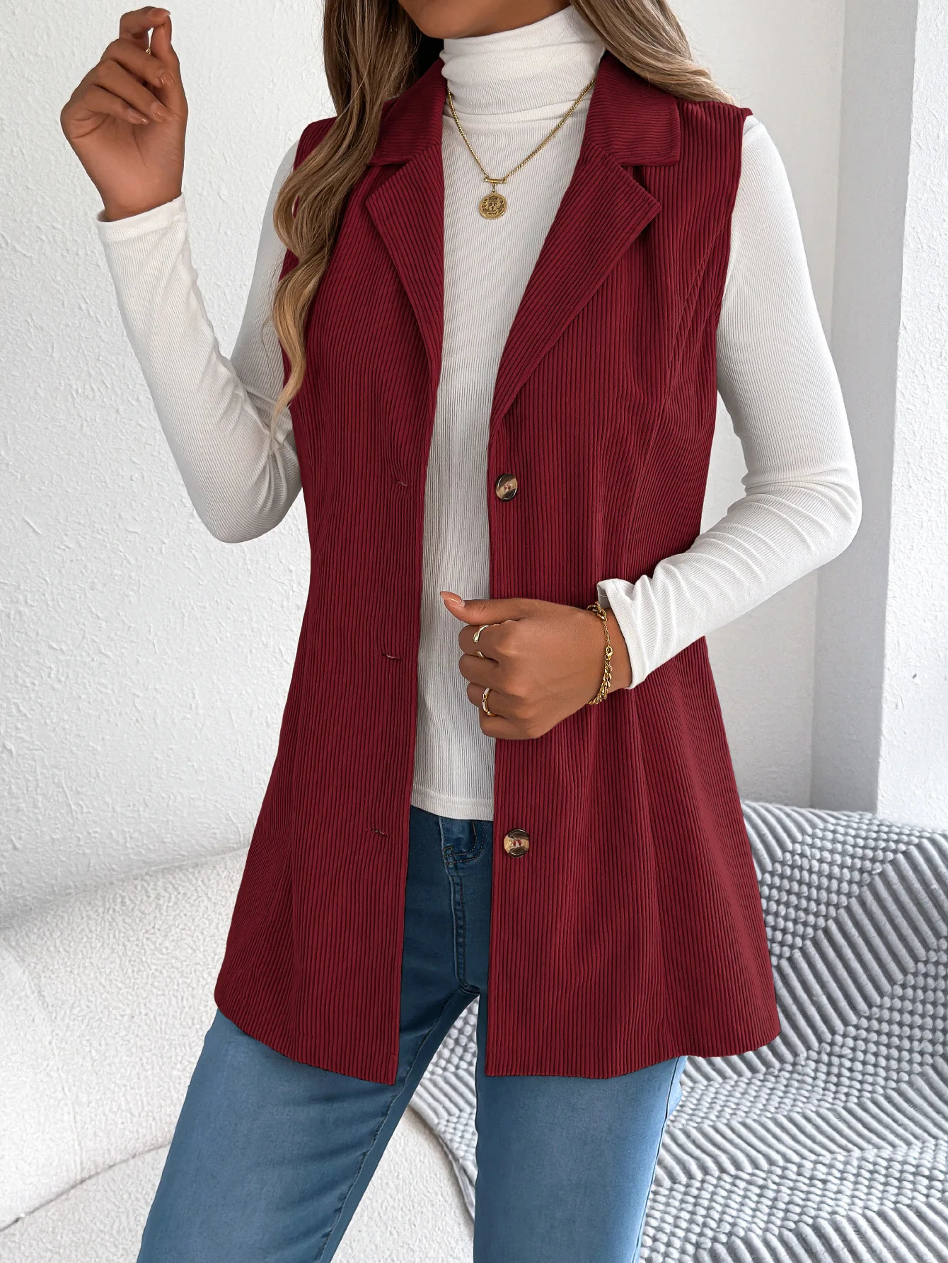 Womens Fall Winter Solid Color Sleeveless Casual Jacket with Suit Lapel SingleBreast Clre and Pockets 251225