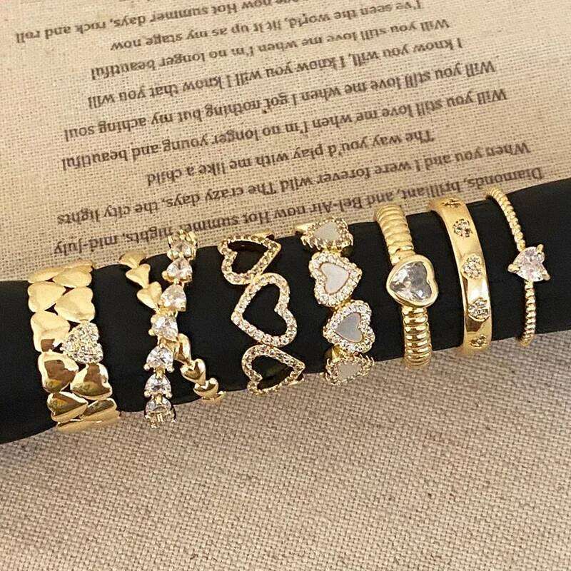 Real 925 Sterling Silver 14K Gold Zircon Cross Heart Opening Rings for Women Cute Fine Jewelry Minimalist Accessories