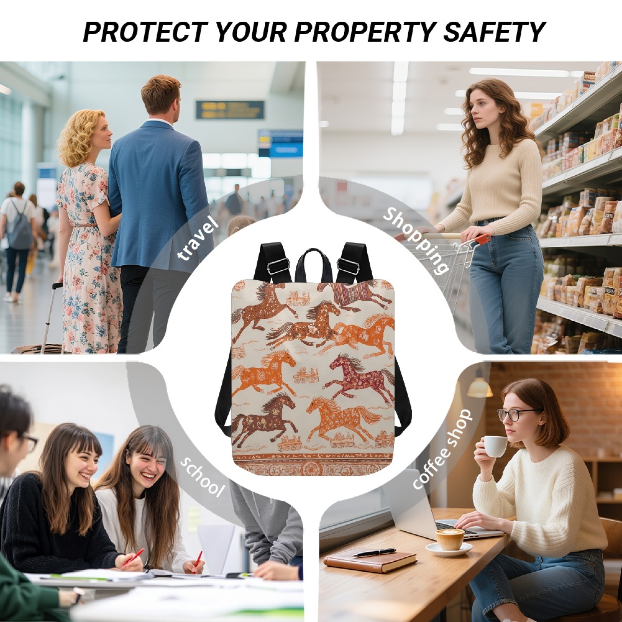 Custom H Designer Fashion Anti Theft Backpack Luxury Horse Pattern Unisex Full Print Backpack Laptop Bag Travel Bag H54