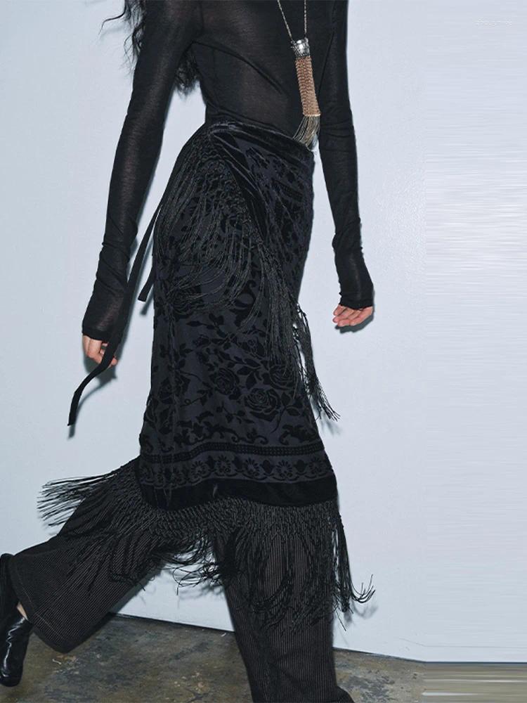 Skirts Trendy Black Floral Print Tassel Dress For Women Vintage Casual Versatile Long Skirt 2026 Winter High Street Clothing
