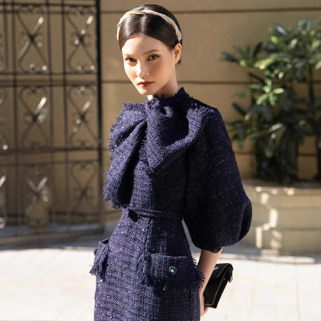 Fashionable And Elegant Urban Sexy Women's Dress 2026 Autumn New Style Tweed Mid-length Sleeve Bow Design Fitted Dress