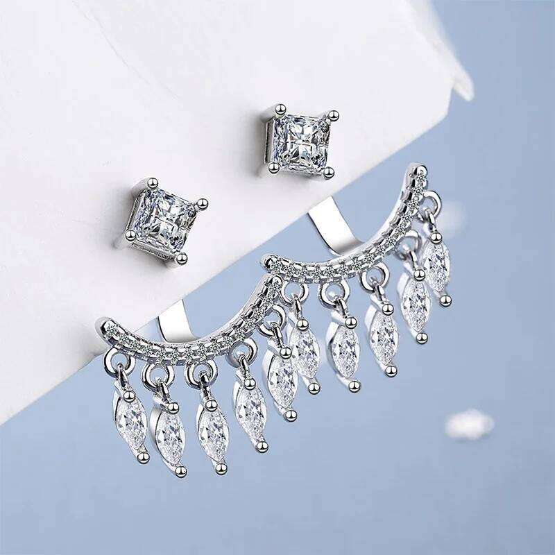 Real Bohemian 925 Sterling Silver Five Petals Tassel Zircon Back Hanging Stud Earrings for Women Fine Jewelry Accessories