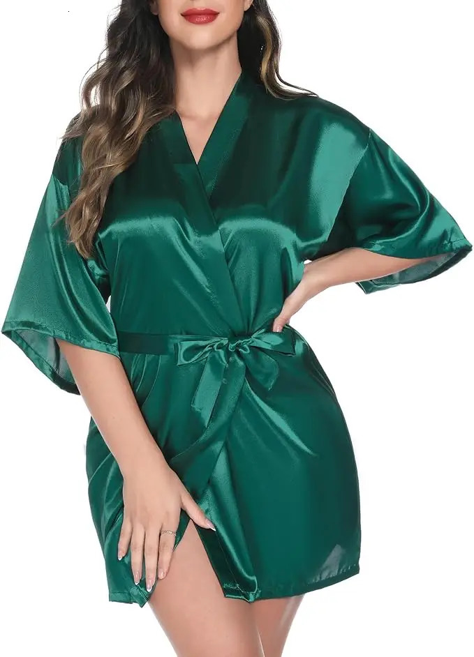 Womens Kimono Robes Dressing Gown Satin Bathrobe Nightdress Short Style Bridal Robe 251231
