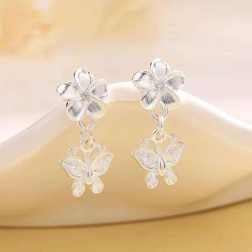 Real 925 Sterling Silver Flower Butterfly Pendant Stud Earring for Women Cute Plant Insect Fine Jewelry Minimalist Accessory