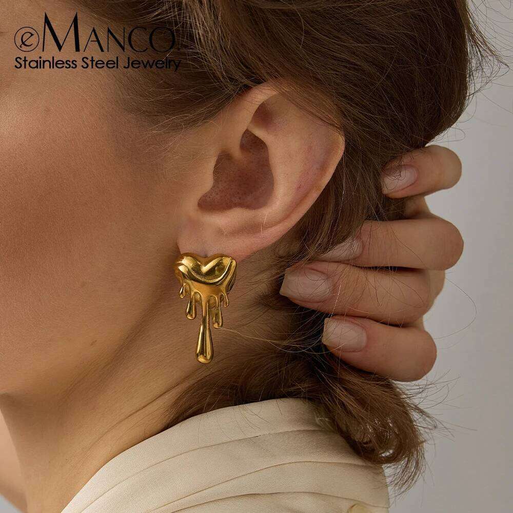 eMancoWaterproof Stainless Steel Heart Shape Melted Stud Earrings For Women 18K Gold Plated Trendy Jewelry Party Gift NEW