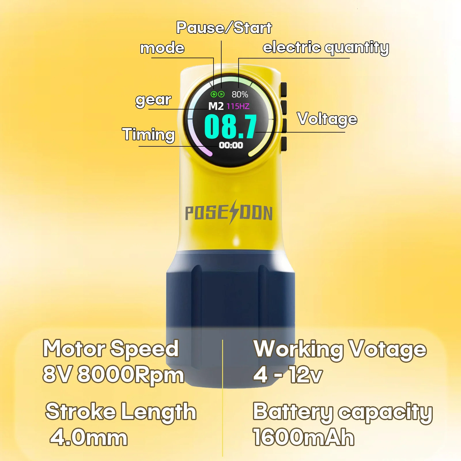 POSEIDON Cute Yellow Tattoo Machine Yellow Wirless Tattoo Pen With Powerful Custom Motor For Professional Tattoo Artist 251230