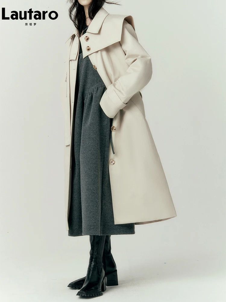Lautaro Autumn Cool Long Trench Coat for Women Removable Sailor Collar and Pockets Belt Runway Fashion Clothes 251231