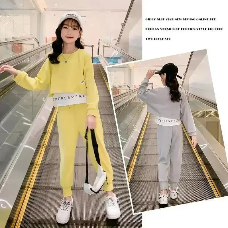 2025 teenager Gray girls Sport Suit spring Clothes Long Sleeve Top sweatshirt hooded Pants Casual 6 7 8 9 10 11 12 Years Child 260104