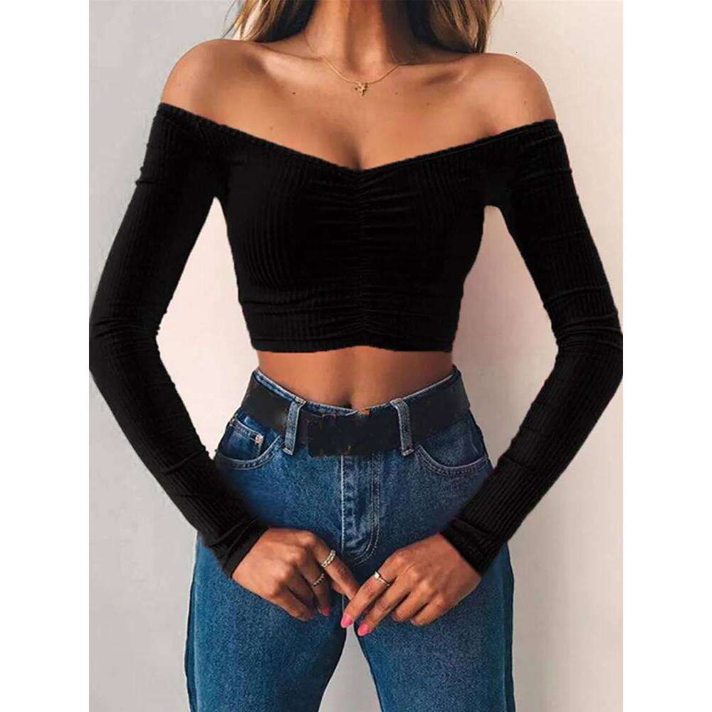 Sexy spicy girl single neck off shoulder pleated slim fit T-shirt, suitable for women's casual and fashionable short top tre