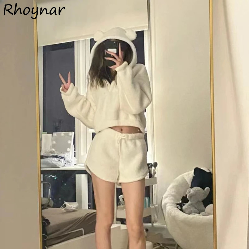 Short Sets Women Two Pieces with Hat Hoodies Bear Ear Solid Plus Velvet Thicker Crop Tops Lace Up Trendy Sweet Girls Cozy 251226