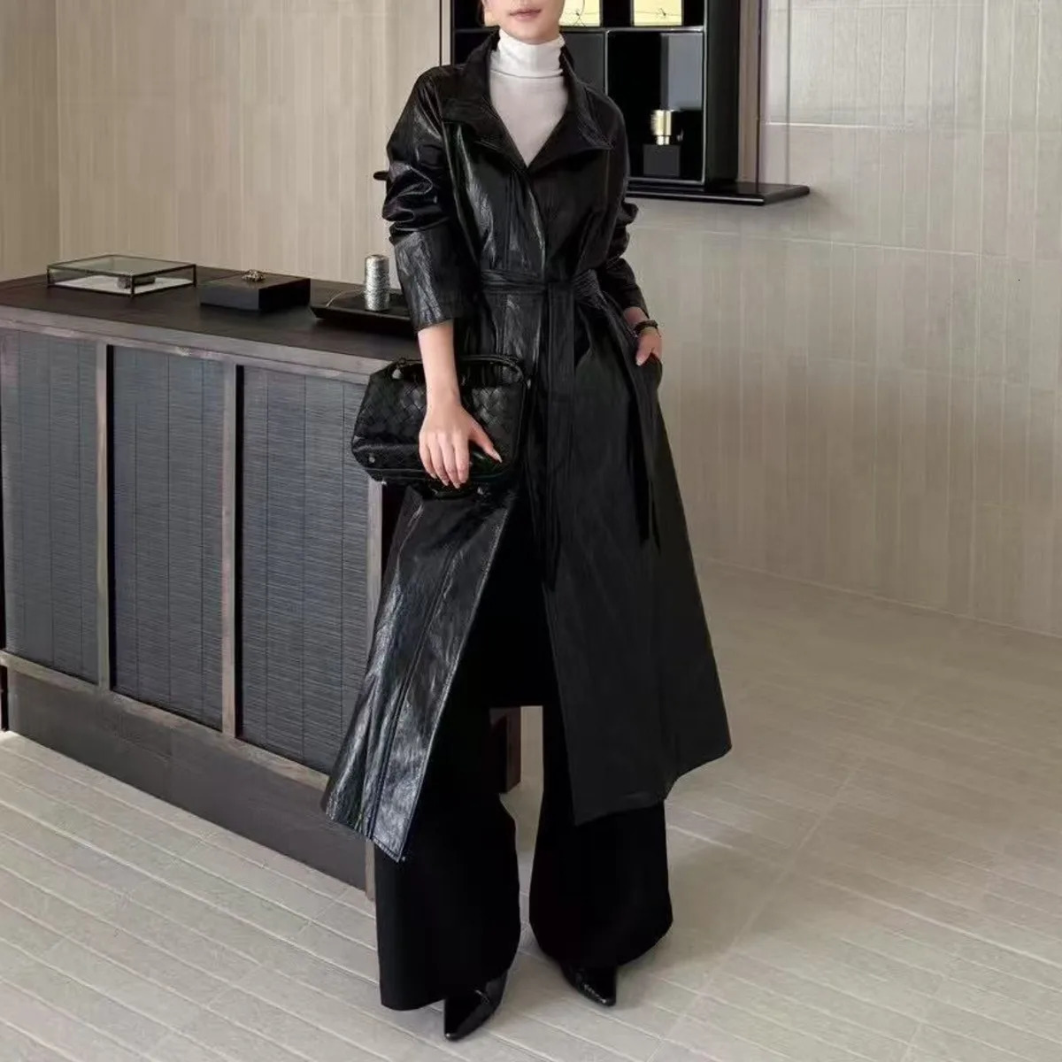 BJTZ PU Leather Belt Waist Midlength Loose Fit Windbreaker Jacket For Woman 2025 Fashion Office Lady Lapel Female Trench 251231