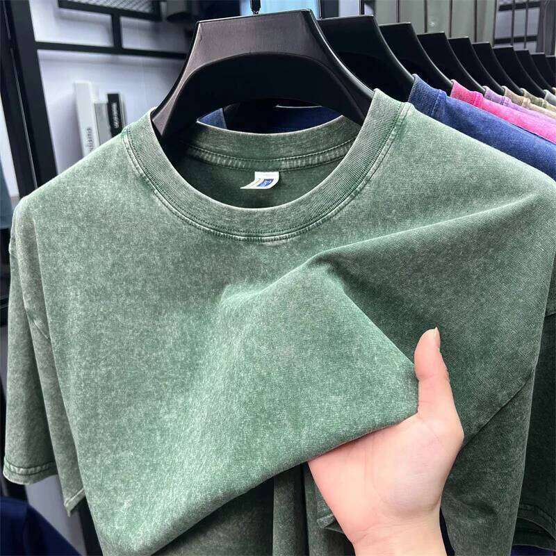 Luxury retro short sleeve T-shirt high-end men's fashion personality washed 100%cotton round neck breathable couple's casual top