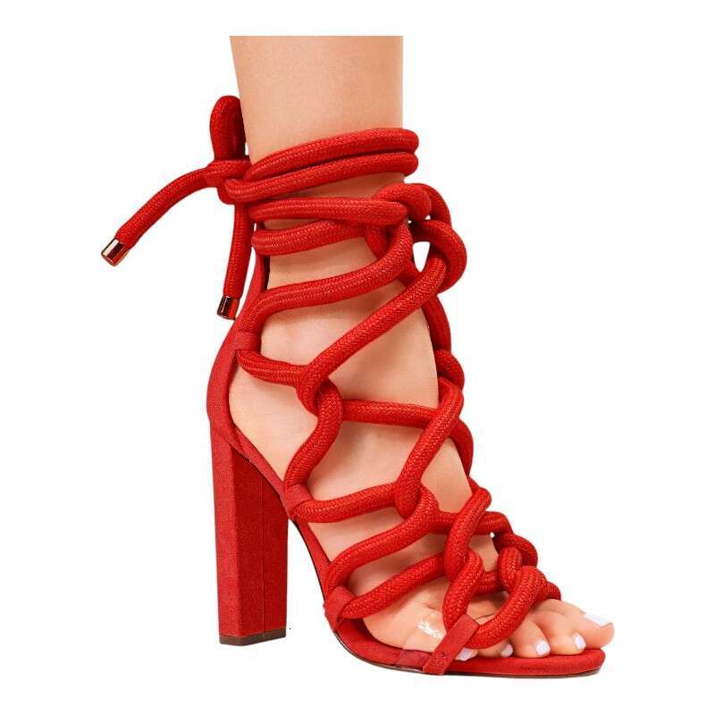 Women Chunky Rope Lace Up High Heel Sandals MOJIDASHU