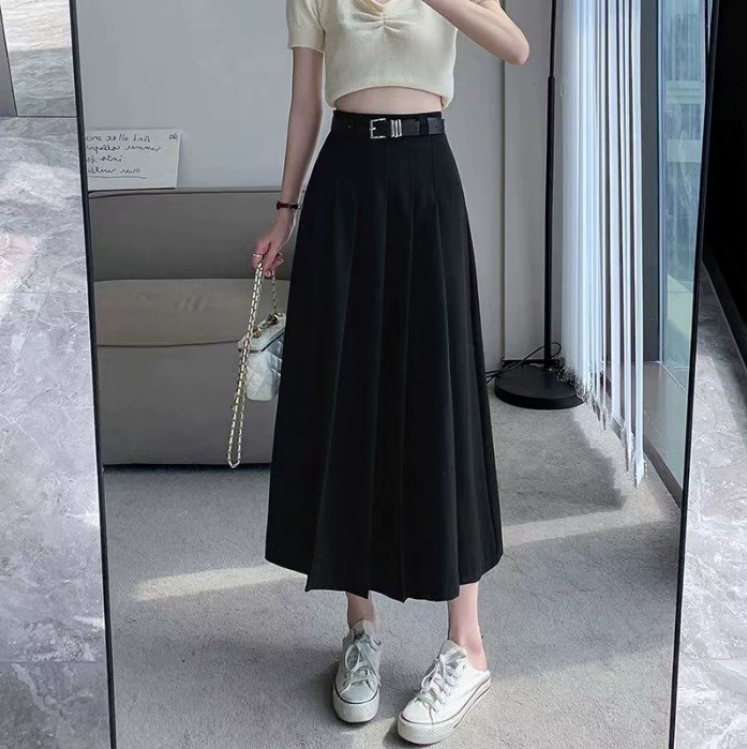 Skirts Women Maxi Skirt High Waist Pleated Ankle Length With Belt Solid Color A-Line Long For Office Women's Clothing