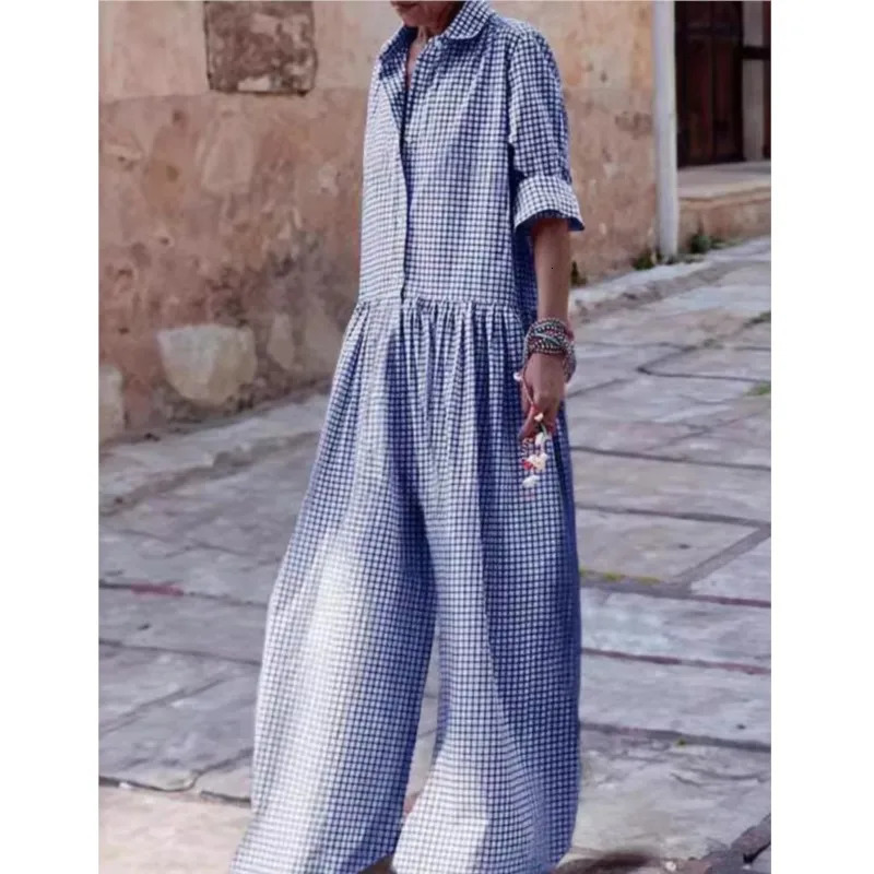 Womens Loose Casual Plaid Printed Jumpsuit Fashion Lapel Single Breasted Half Sleeve Wide Leg Spring Autumn Lady 251226