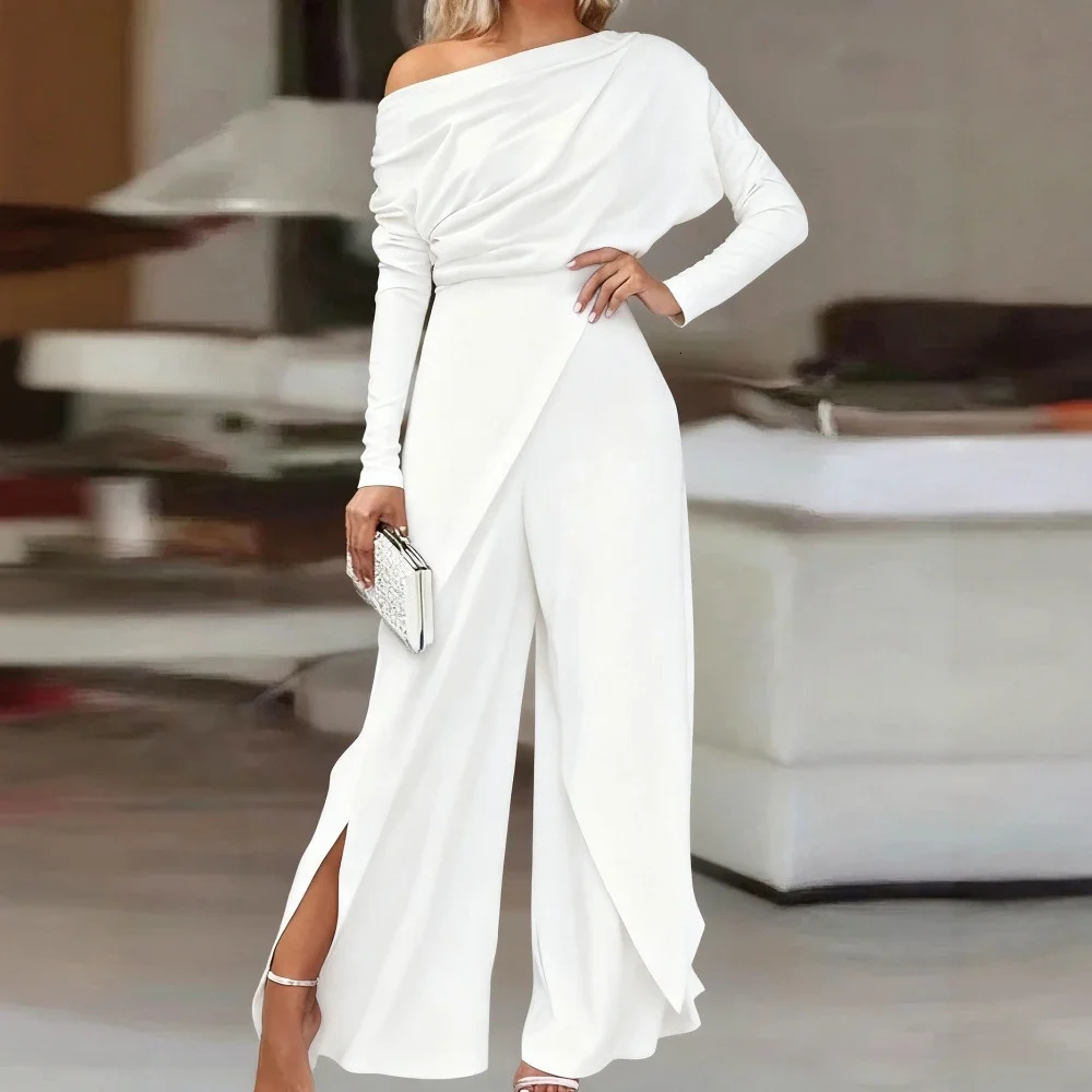 Womens Wide Leg Jumpsuits 2025 Elegant Long Sleeve Overalls Woman OneShoulder Neckline Full Length Pants Office Wear 251226