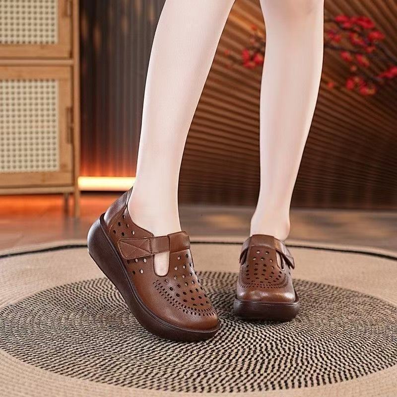 Ddmysports New Foreign Trade Women S Closed Toe Thick Soled Comfortable Wedge Sandals High Heels Fashion Roman Style Simple Mom Shoes Outdoor Shoes