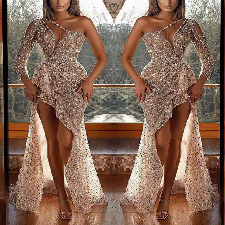 Women's Dream Socialite Party Party Quality Sexy High Slit Long Sleeve Sequin Dinner Gown
