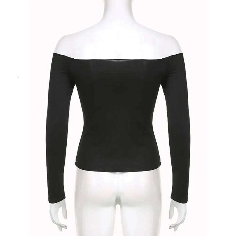 Black Solid Slash Neck Elegant Long Sleeve Tops Korean Fashion Slim Sexy Cropped T Shirt Women Fall Clothing