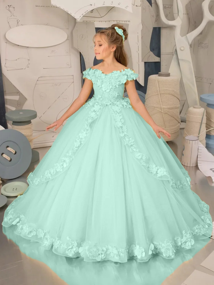 Cute Yellow Flower Dresses Elegant A Line Off Shoulder Appliques Long Girl Pageant Party Gowns Teens Birthday Dress J04 B0312