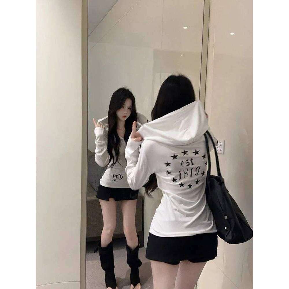 Student hooded long sleeved women's spring, autumn, winter spicy girl print top, base coat, outer wear, inner wear