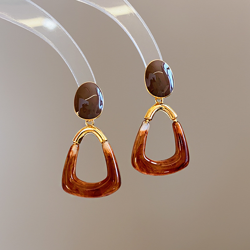 Silver needle dripping oil oval resin square pendant earrings vintage Hong Kong style earrings eardrop niche design sense earrings