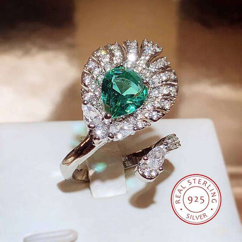 Luxurious 925 Silver Plated for Women Exquisite Green Zircon Feather Shaped Party Jewelry Wedding Bridal Ring