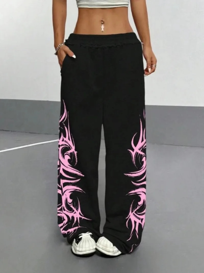 Baggy Slacks Black Pink Contrast Y2K Track Pants Women Street Fashion American Jogging Pants Hip Hop Totem Graffiti 251226