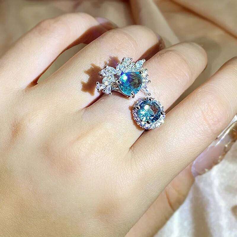 High Quality Marine Zircon Irregular Blue Gem Adjustable Women's Engagement Ring At 925 Silver-plated Party Jewelry