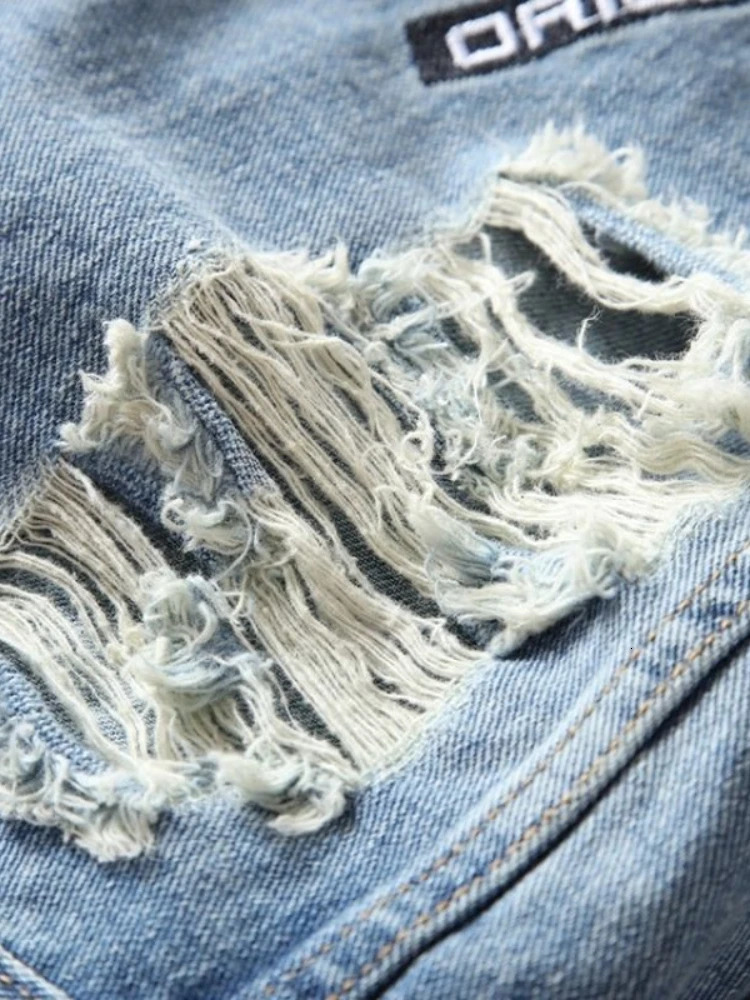 Men Lightning Patchwork Denim Jacket Embroidered Frayed Distressed Biker Moto Coat Trendy Spring Streetwear Outer Clothing 251230