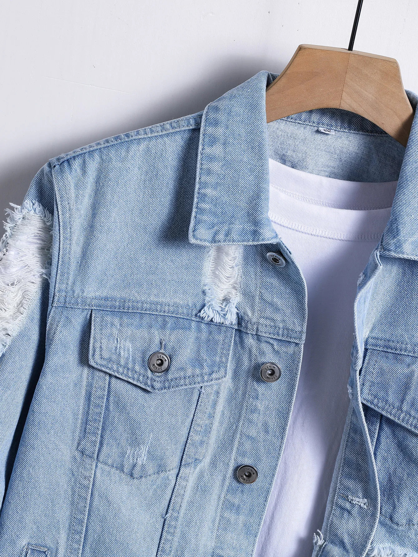 Mens denim jacket for spring and autumn Light blue ripped denim jacket Street trend style Daily casual 251226