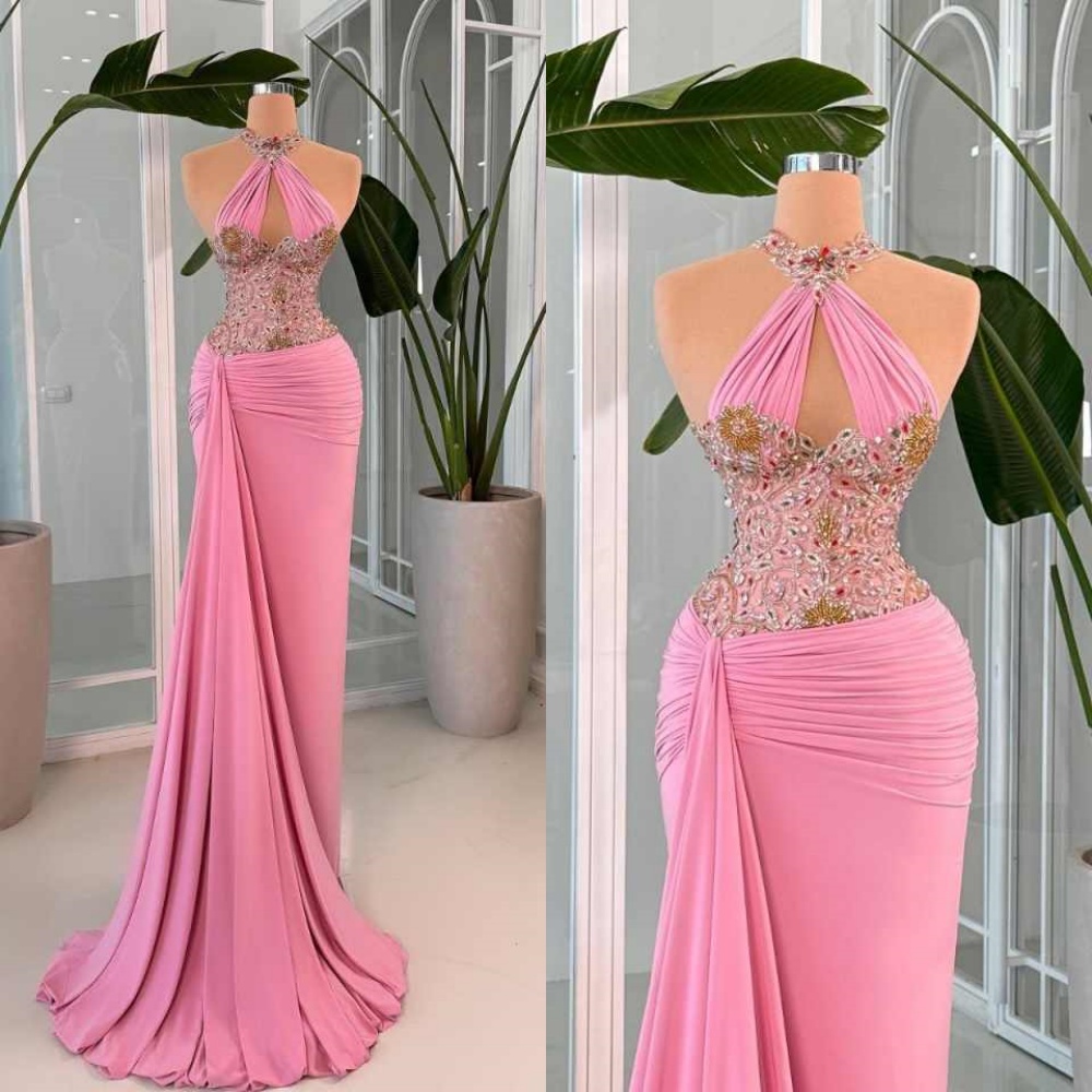 Customized Exquisite Pink Prom Dresses Beads Halter Sleeveless Mermaid Evening Dresses Saudi Arabia vestidos largos