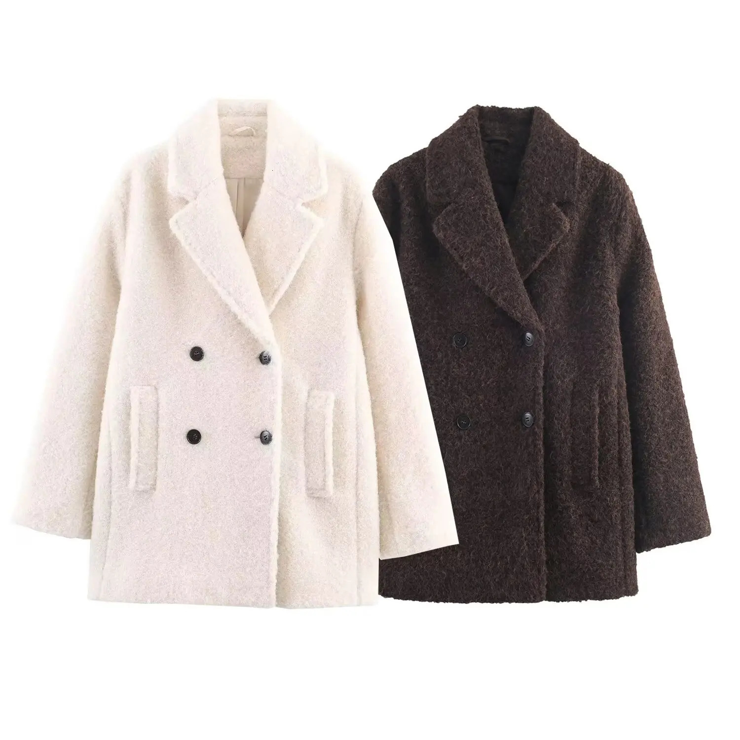 BSAY Double Breasted Coat for Women Fashion Autumn Winter white woolen fabric warm short overcoat Chic Ladies Tops Mujer 251216