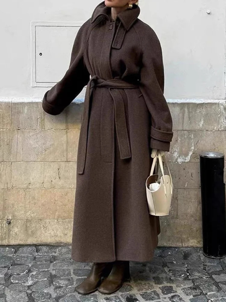 Europeanstyle womens fashionable and versatile elegant singlebreasted wool coat with lapel belt 251216