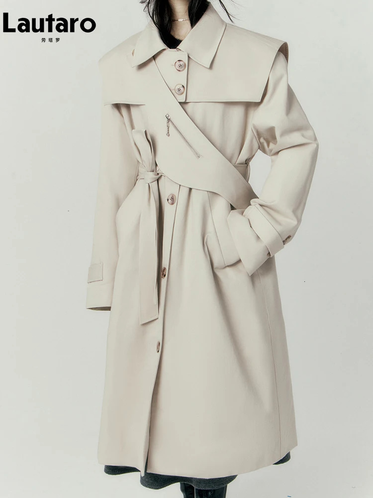 Lautaro Autumn Cool Long Trench Coat for Women Removable Sailor Collar and Pockets Belt Runway Fashion Clothes 251231