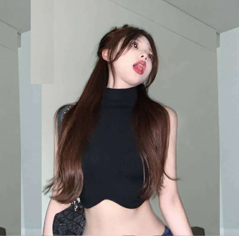 Y2K black knitted short top, female sexy elastic vest, street wear, vertical stripe high neck backless tight top