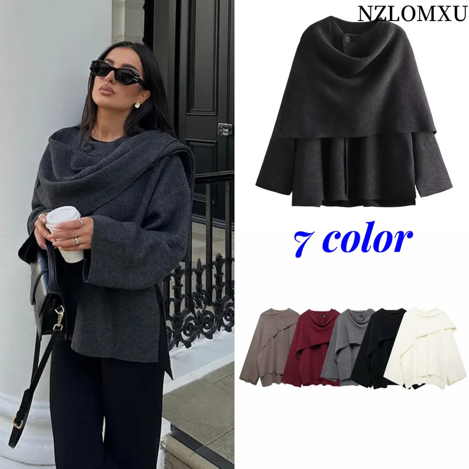 Women Fashion Scarf Decorated Woolen Jacket Casual Solid Long Sleeve Loose Warm Overcoat 2025 Autumn Winter Lady Chic Coat 251216