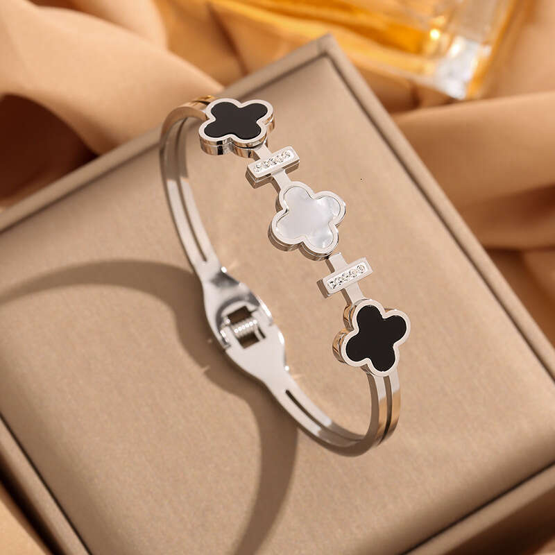 Women's Cuff Bracelet Fashion High-End Four-Leaf Clover Black White Titanium Steel for Women with Micro Inlaid Diamonds Personalized siver 925 an