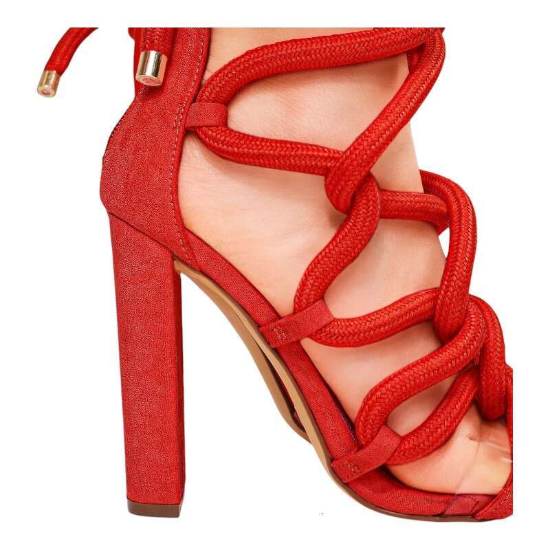 Women Chunky Rope Lace Up High Heel Sandals MOJIDASHU