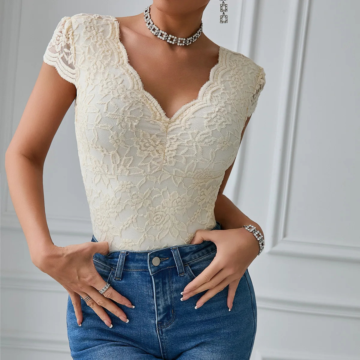 Womens Solid Lace Seethrough Deep V Backless Bodysuit Tank Tops Jumpsuit Short Sleeve Tshirt Outfits for Going Out 251231
