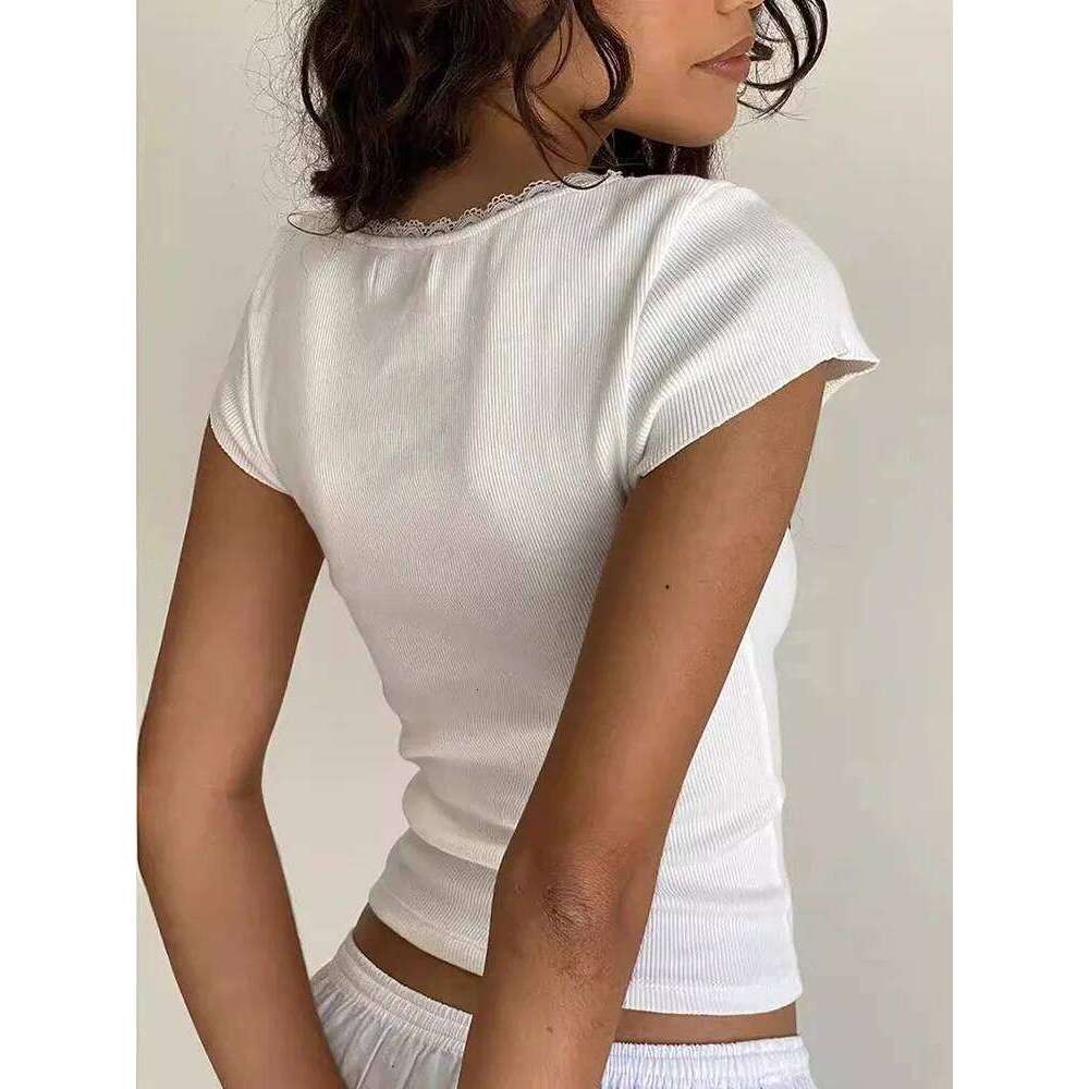 y2k Vintage Baby Cottage Lace Trim Knitted T-Shirt Summer Square Neck Short Sleeve Tee Shirt Women White Milkmaid Crop Top